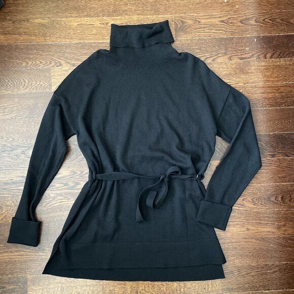 NEW Tahari Black Merino Wool Belted Turtleneck Sweater Tunic-Large - Picture 1 of 7